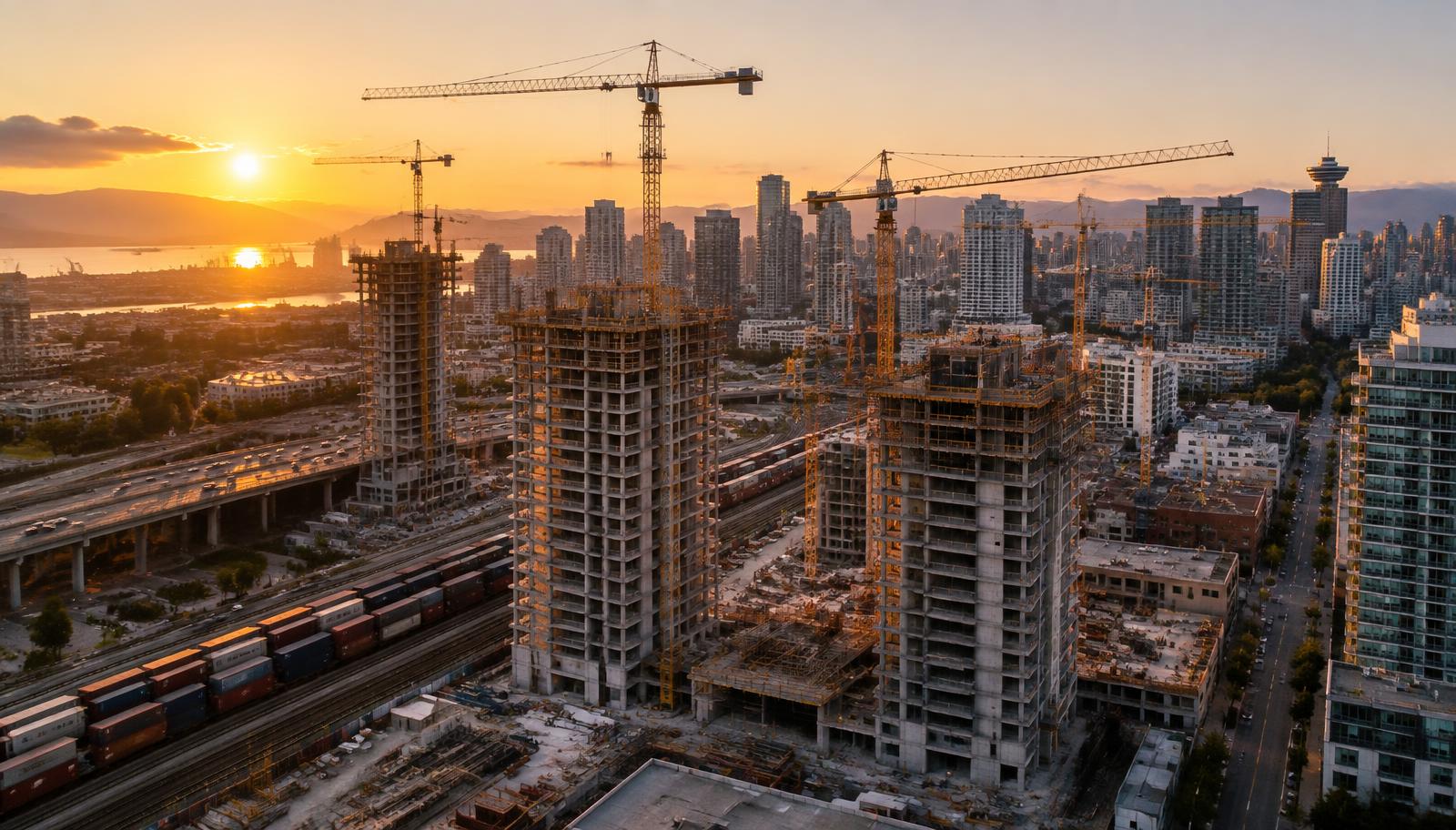 Aerial view of a city construction district with tower cranes, high-rise cores under construction and a rail freight corridor