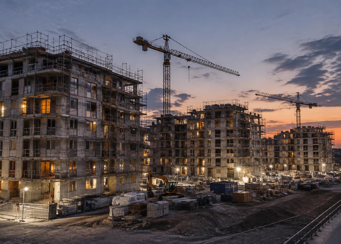 Multi-building residential development under construction at dusk with cranes and site lighting