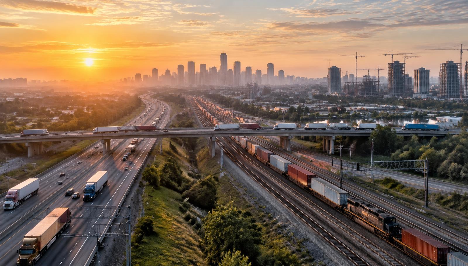 Highway and rail freight corridor at sunrise with trucks and a distant city skyline under construction