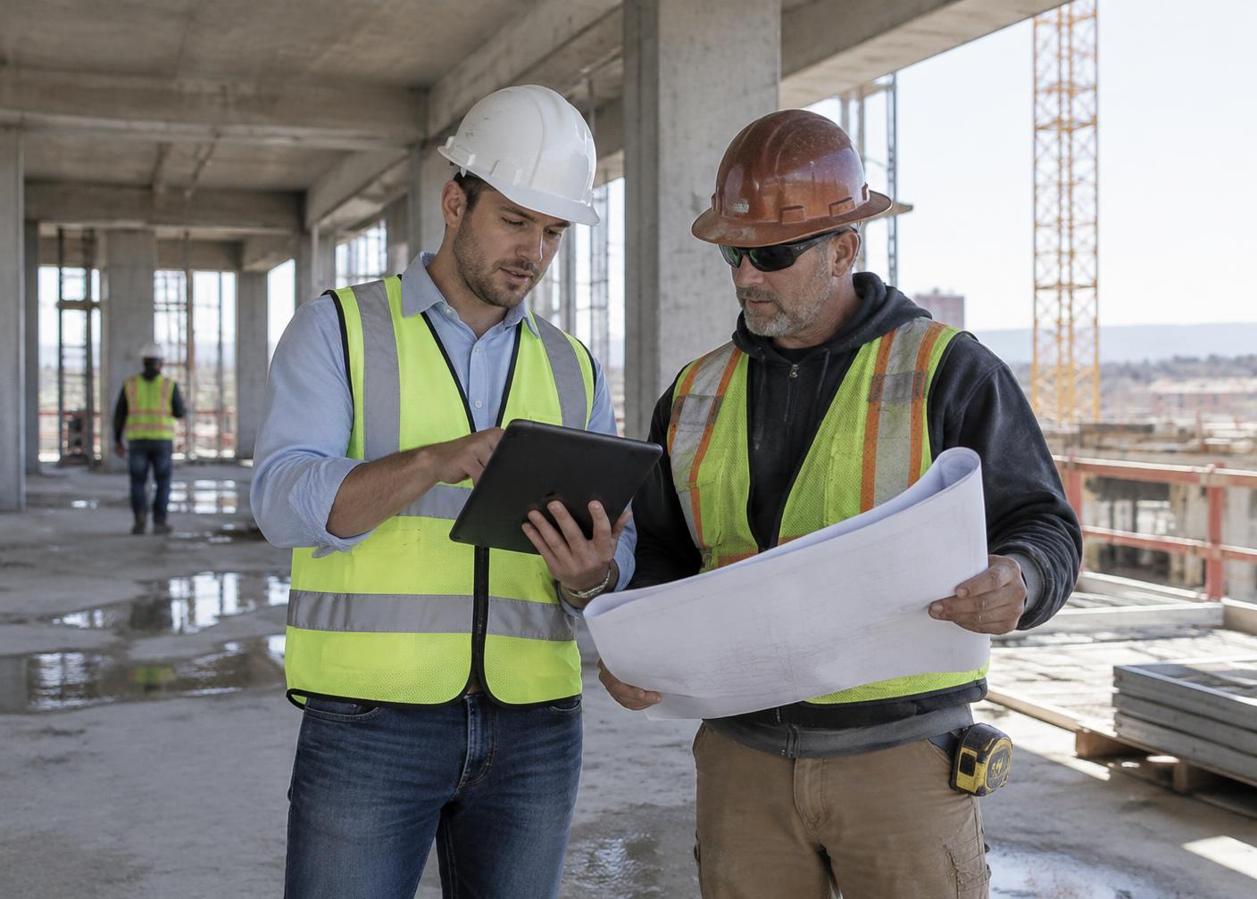 Project manager and superintendent reviewing a tablet and drawings inside a building under construction