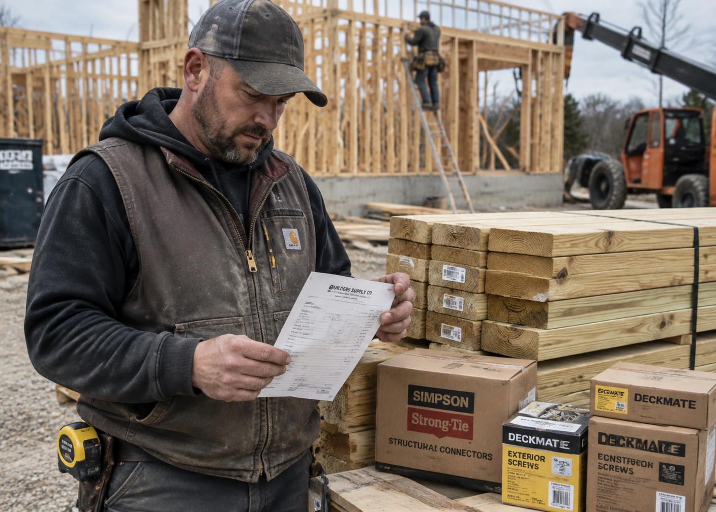 Site supervisor reading a supplier receipt beside stacked framing lumber and boxes of fasteners