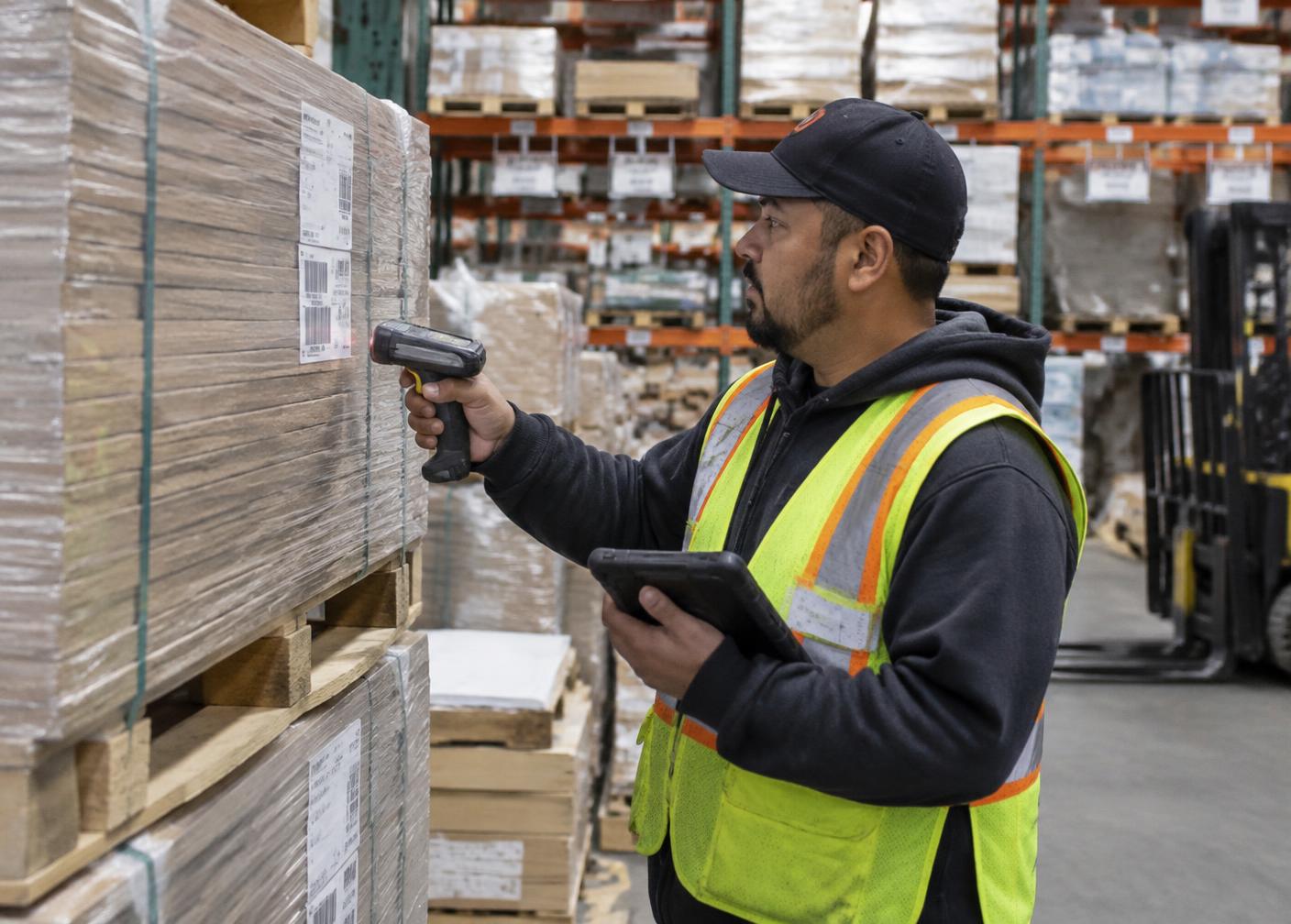 Warehouse worker scanning a barcode label on a pallet of building materials