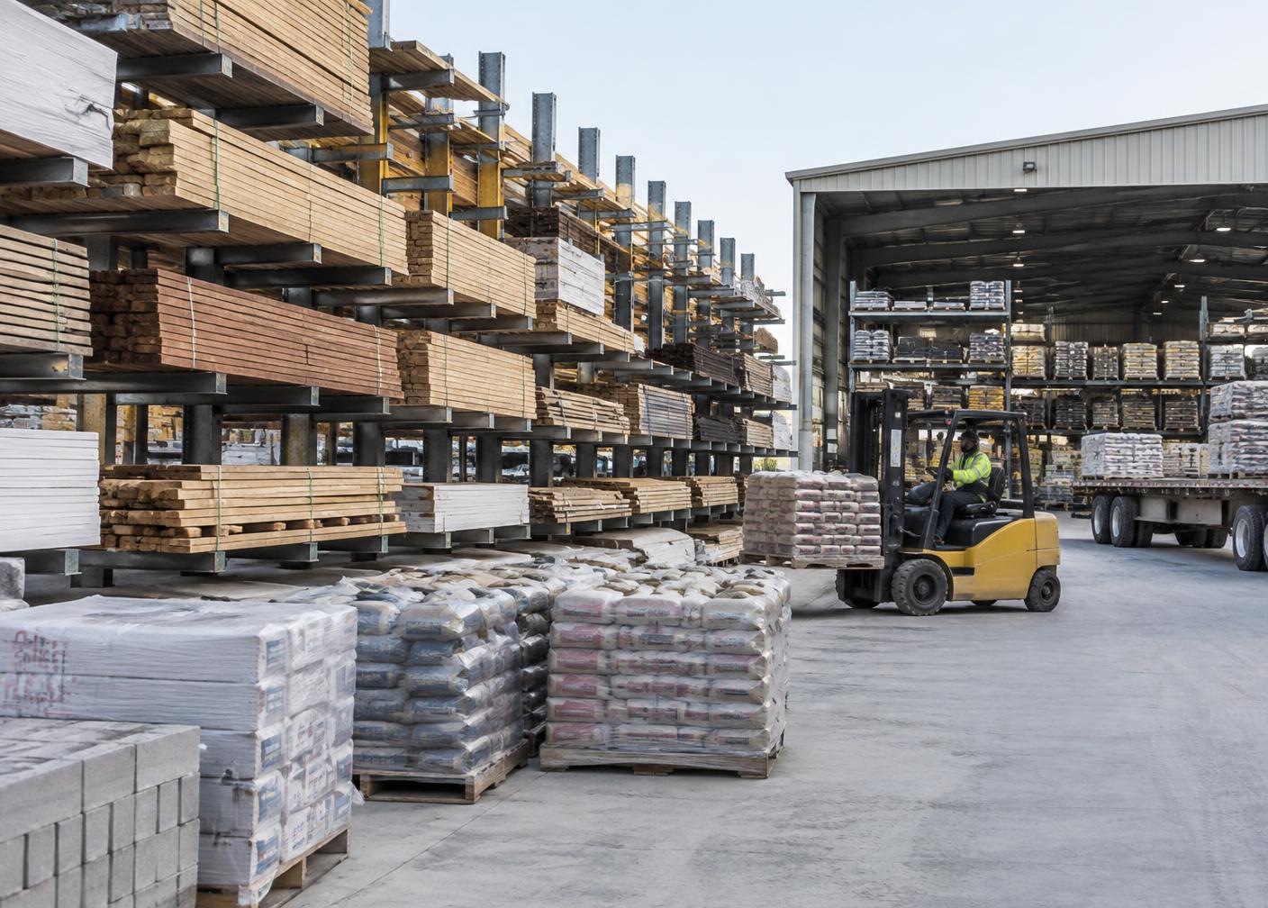 Building-material distribution yard with lumber racks, pallets of cement and a forklift loading stock